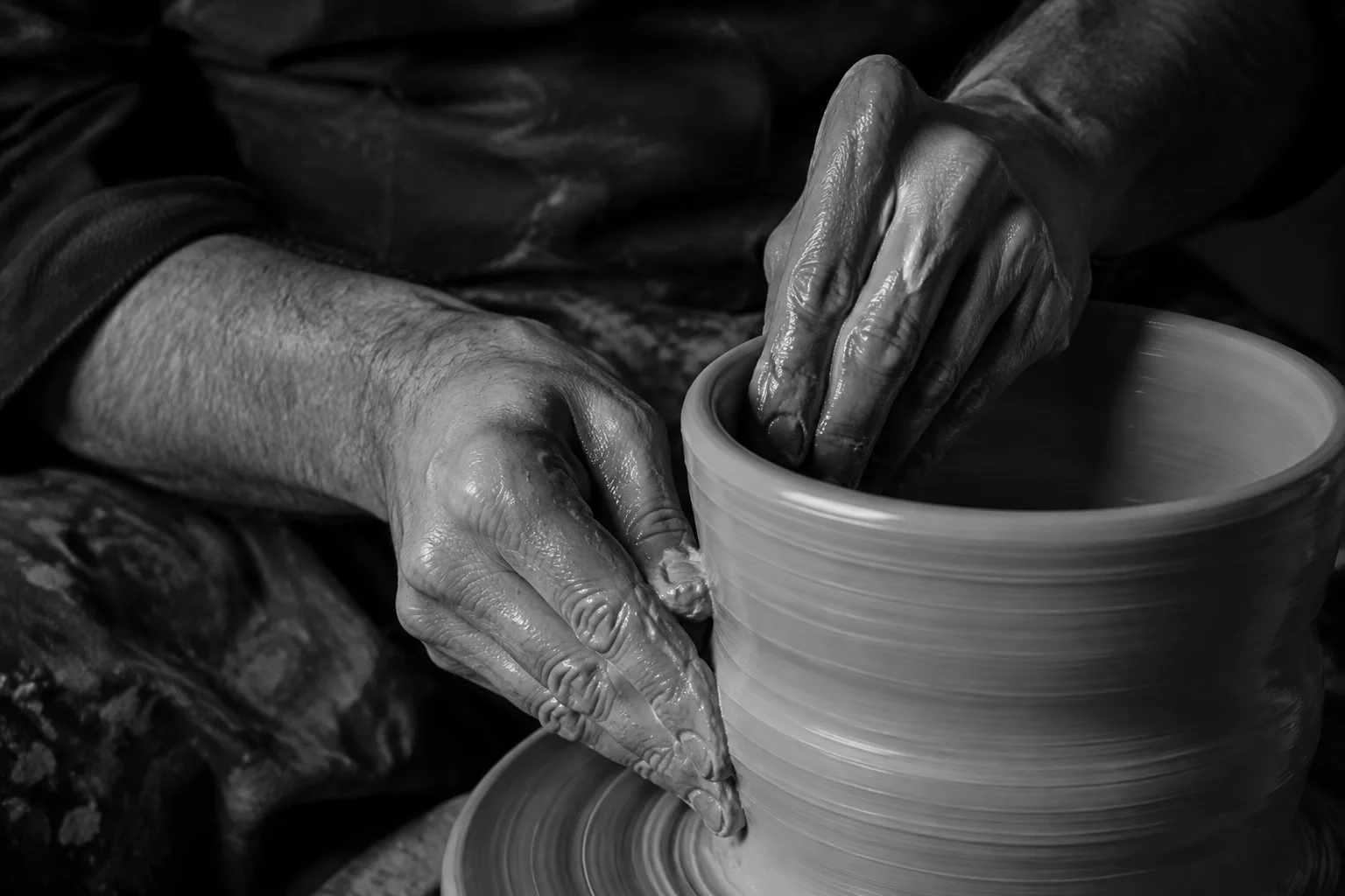 Clay-covered hands shaping a bowl on a pottery wheel. Illustrative workshop image.